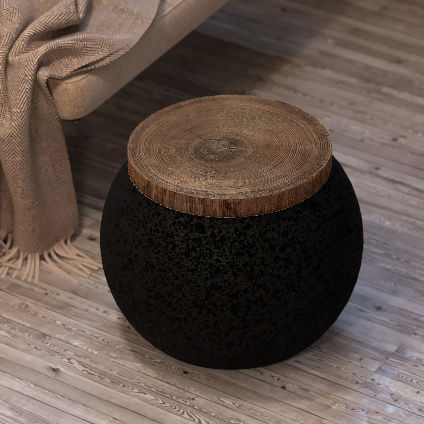 Outdoor Side Table 17in Concrete with Wood-Look Top, Accent End Table for Patio, Garden Stool for Living Room, Bedroom, Backyard Decor, Black & Hourglass Style