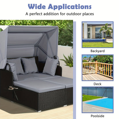 Outdoor Wicker Daybed with Retractable Canopy Side Tables Cushions PE Rattan Patio Lounge Bed Sun Lounger for Backyard Garden Pool