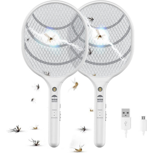 Electric Fly Swatter Racket Rechargeable 2-Pack – 3000V Bug Zapper with LED Light, USB Charging, Triple Safety Mesh for Indoor & Outdoor Mosquito Control