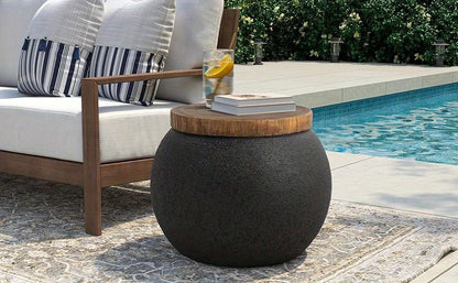 Outdoor Side Table 17in Concrete with Wood-Look Top, Accent End Table for Patio, Garden Stool for Living Room, Bedroom, Backyard Decor, Black & Hourglass Style