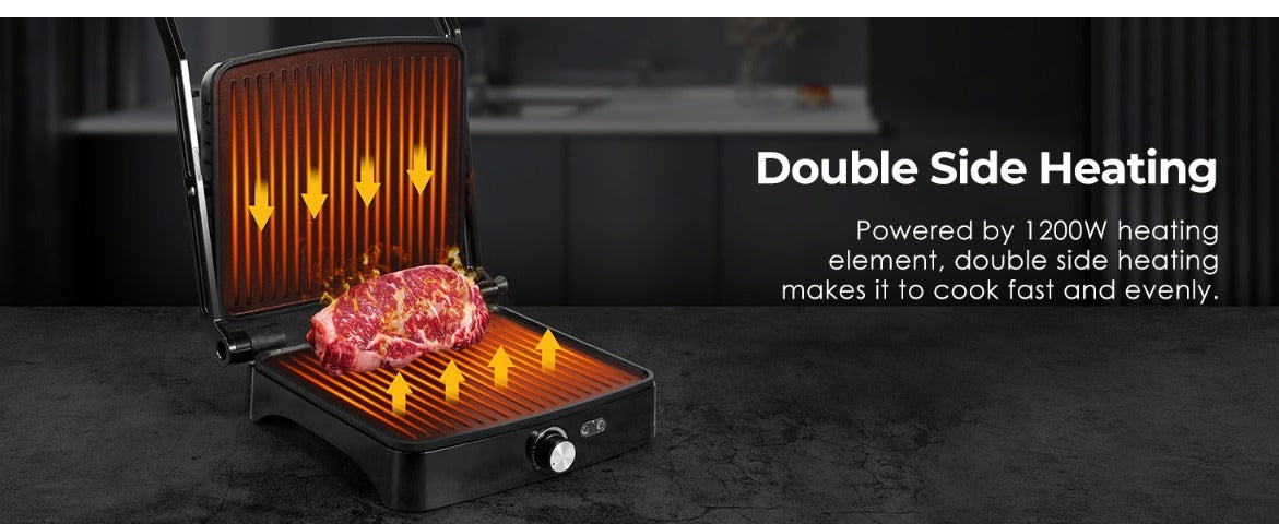 Panini Press Grill Indoor Sandwich Maker 4 Slice – Non-Stick 1200W Electric Grill with Temperature Control, 180° Opening, Removable Drip Tray | Countertop Steak & BBQ Grill
