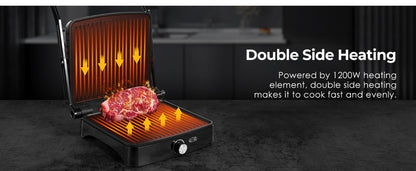Panini Press Grill Indoor Sandwich Maker 4 Slice – Non-Stick 1200W Electric Grill with Temperature Control, 180° Opening, Removable Drip Tray | Countertop Steak & BBQ Grill