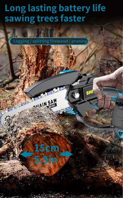 Handheld Electric Chainsaw – Mini Cordless Portable Tree Cutter with Splash Guard, Security Lock, Rechargeable Battery Options, Garden & Yard Gift for Men