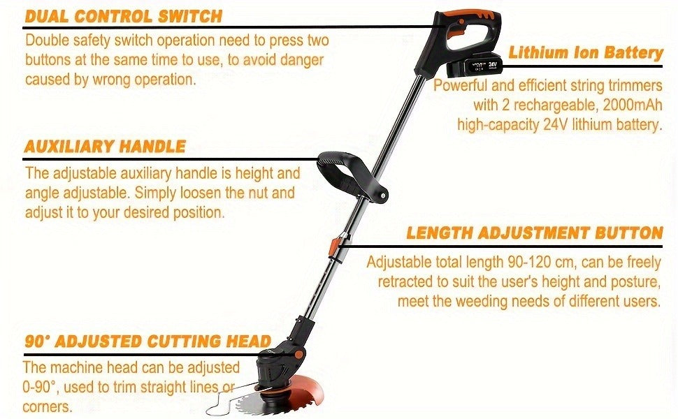 Cordless String Trimmer 24V 800W – Weed Wacker with 2 Batteries, Charger & 3 Blades, Adjustable Head, Brush Cutter & Lawn Edger