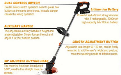 Cordless String Trimmer 24V 800W – Weed Wacker with 2 Batteries, Charger & 3 Blades, Adjustable Head, Brush Cutter & Lawn Edger