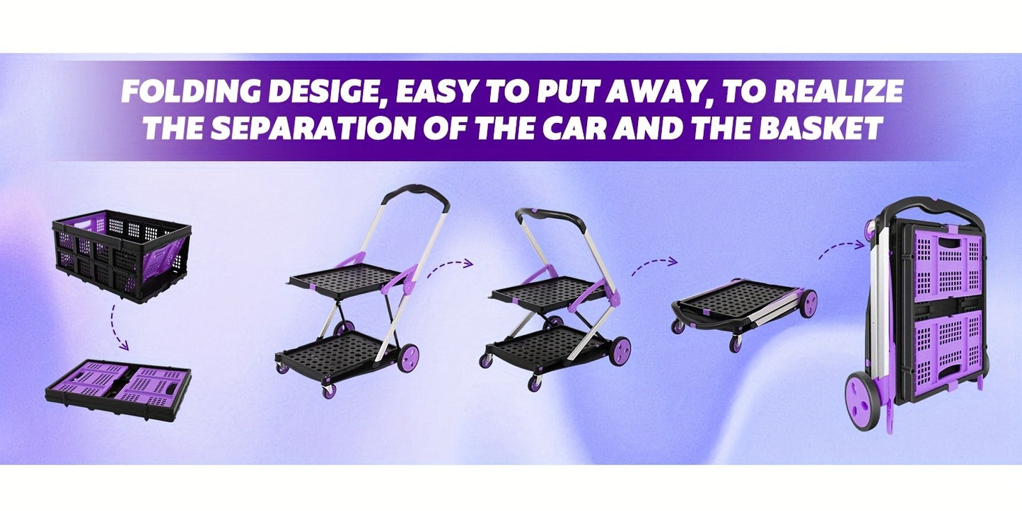 Collapsible Utility Cart 200 lb Heavy Duty Foldable Shopping Trolley 4-Wheel 360° Swivel Locking Brake Lightweight Portable Dolly for Grocery Mall Camping Pink Purple
