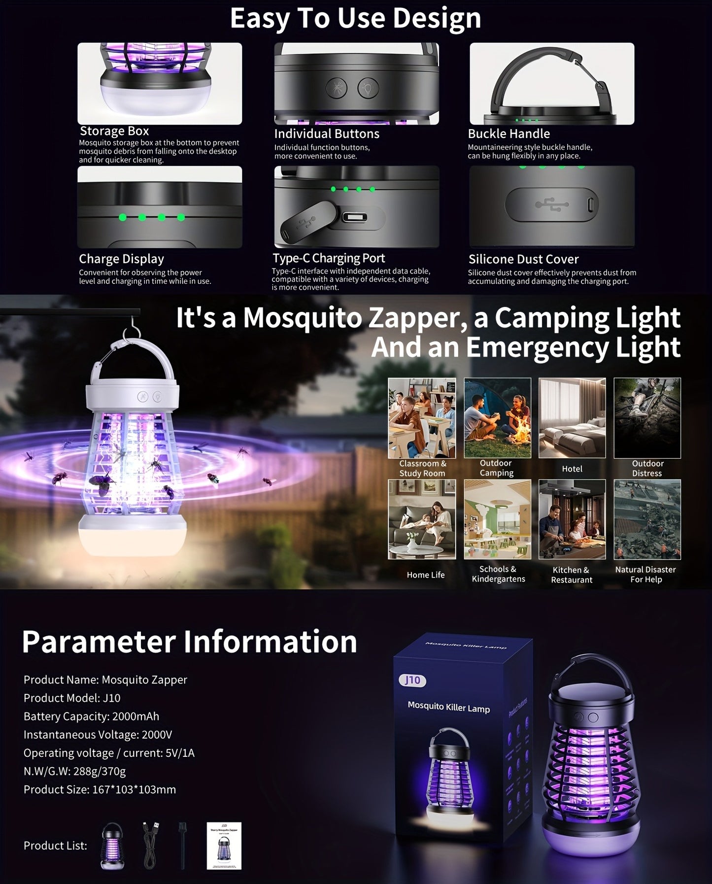 Bug Zapper Rechargeable 3-in-1 with UV Light & 2000V Electric Grid – Portable Mosquito Killer for Indoor & Outdoor Use, 2000mAh Battery, SOS Light, Garden, Yard, Camping, Bedroom