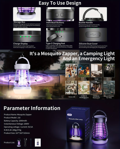 Bug Zapper Rechargeable 3-in-1 with UV Light & 2000V Electric Grid – Portable Mosquito Killer for Indoor & Outdoor Use, 2000mAh Battery, SOS Light, Garden, Yard, Camping, Bedroom
