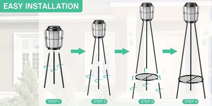 Solar Floor Lamp with Metal Plant Stand 36 Inch Outdoor Solar Light Flower Shelf for Patio Deck Yard Garden Outdoor Decor Gift Set of 2
