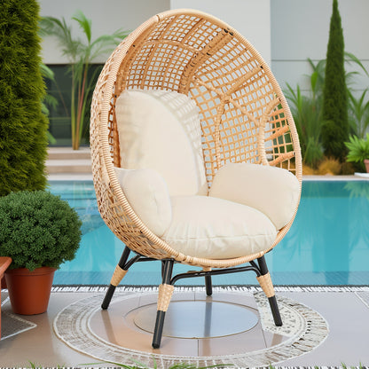 Egg Chair Outdoor Wicker Oversized Hanging Basket Chair with Stand & Cushion 500LBS Capacity UV-Resistant Rattan Style Patio Lounge Chair for Garden Backyard Balcony Porch Beige Black
