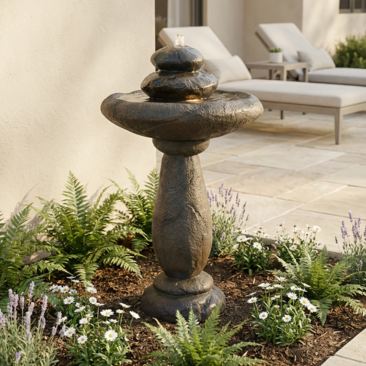 Garden Fountain 40.2 Inch Floor Standing Bird Bath Outdoor Fountain with LED Lights IPX8 Pump for Backyard Patio