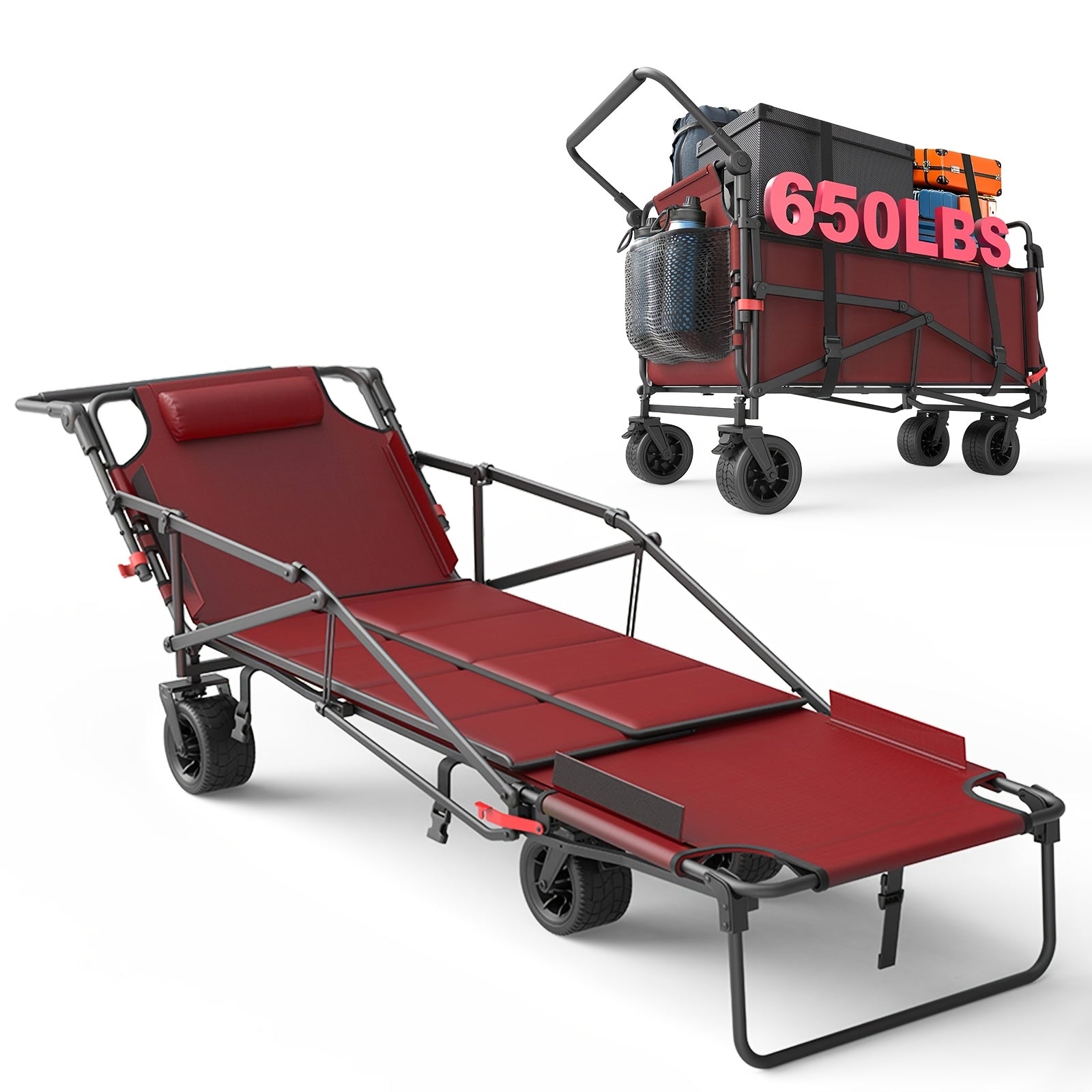 Folding Wagon 2-in-1 Convertible Beach Chair 650LBS | All-Terrain Utility Cart Camping Beach Garden Shopping