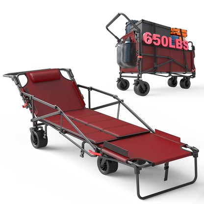 Folding Wagon 2-in-1 Convertible Beach Chair 650LBS | All-Terrain Utility Cart Camping Beach Garden Shopping
