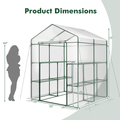 Mini Greenhouse Walk-In 55"x57"x77" with 8 Mesh Shelves, Transparent PVC Cover, Roll-Up Zippered Door & Heavy-Duty PE-Coated Metal Frame for Garden & Yard