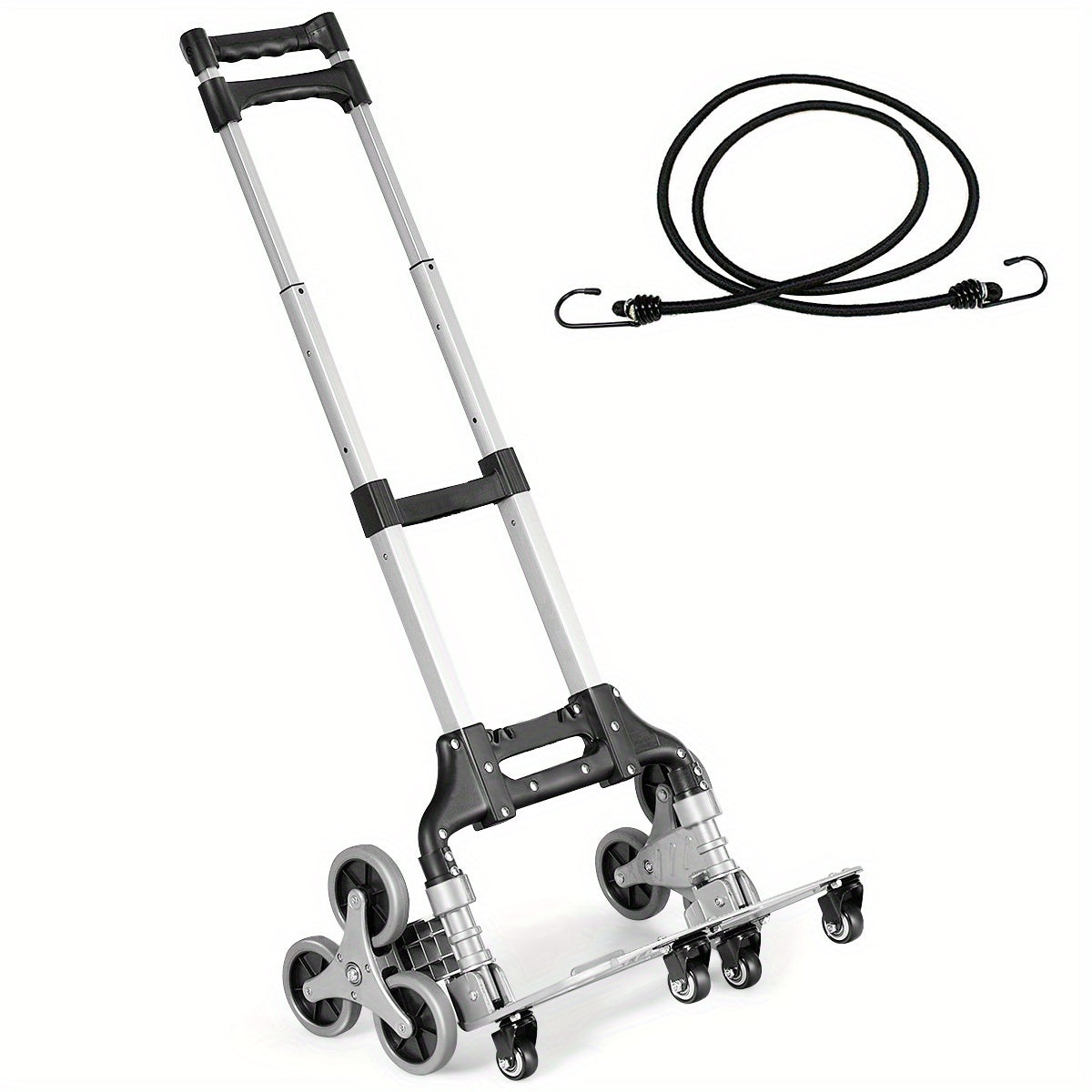 Stair Climbing Cart Folding Hand Truck 180 lbs Capacity, Aluminum Alloy Utility Dolly with Telescoping Handle, 3-Wheel Stair Climber & 4 Swivel Casters, Bungee Cord Included