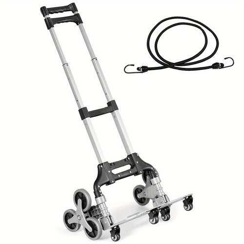 Stair Climbing Cart Folding Hand Truck 180 lbs Capacity, Aluminum Alloy Utility Dolly with Telescoping Handle, 3-Wheel Stair Climber & 4 Swivel Casters, Bungee Cord Included