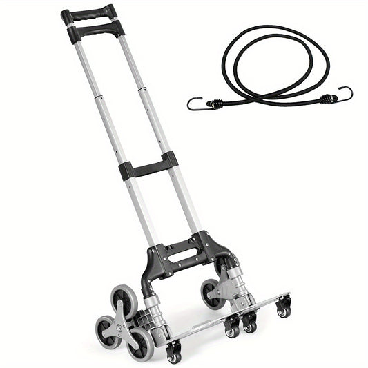 Stair Climbing Cart Folding Hand Truck 180 lbs Capacity, Aluminum Alloy Utility Dolly with Telescoping Handle, 3-Wheel Stair Climber & 4 Swivel Casters, Bungee Cord Included