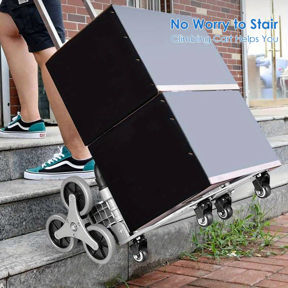 Stair Climbing Cart Folding Hand Truck 180 lbs Capacity, Aluminum Alloy Utility Dolly with Telescoping Handle, 3-Wheel Stair Climber & 4 Swivel Casters, Bungee Cord Included