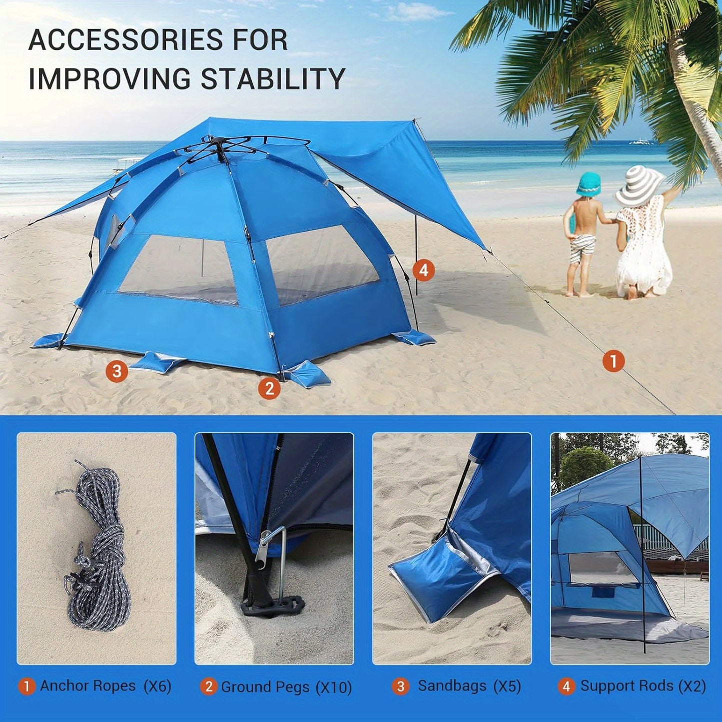Beach Tent 4-6 Person UPF 50+ 360° Canopy Pop Up Sun Shade Shelter