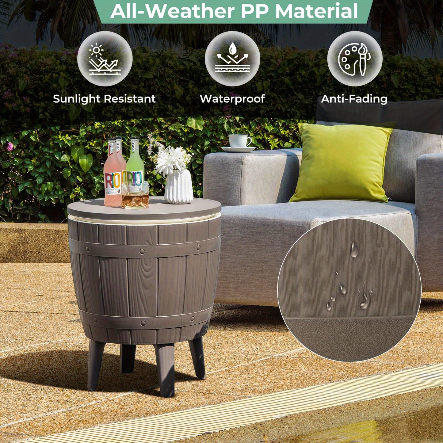 Outdoor Cooler Bar Table 3-in-1 | 10 Gal Ice Bucket, Coffee Table & Serving Station | All-Weather PP, Removable Legs, 110 LB Capacity
