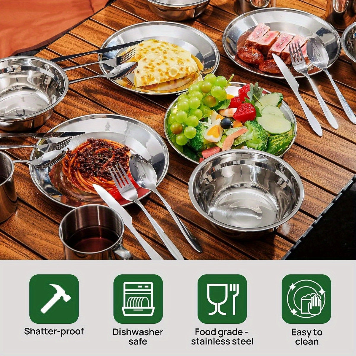 Stainless Steel Camping Mess Kit 29 Piece Dinnerware Set - Plates Bowls Mugs Cutlery