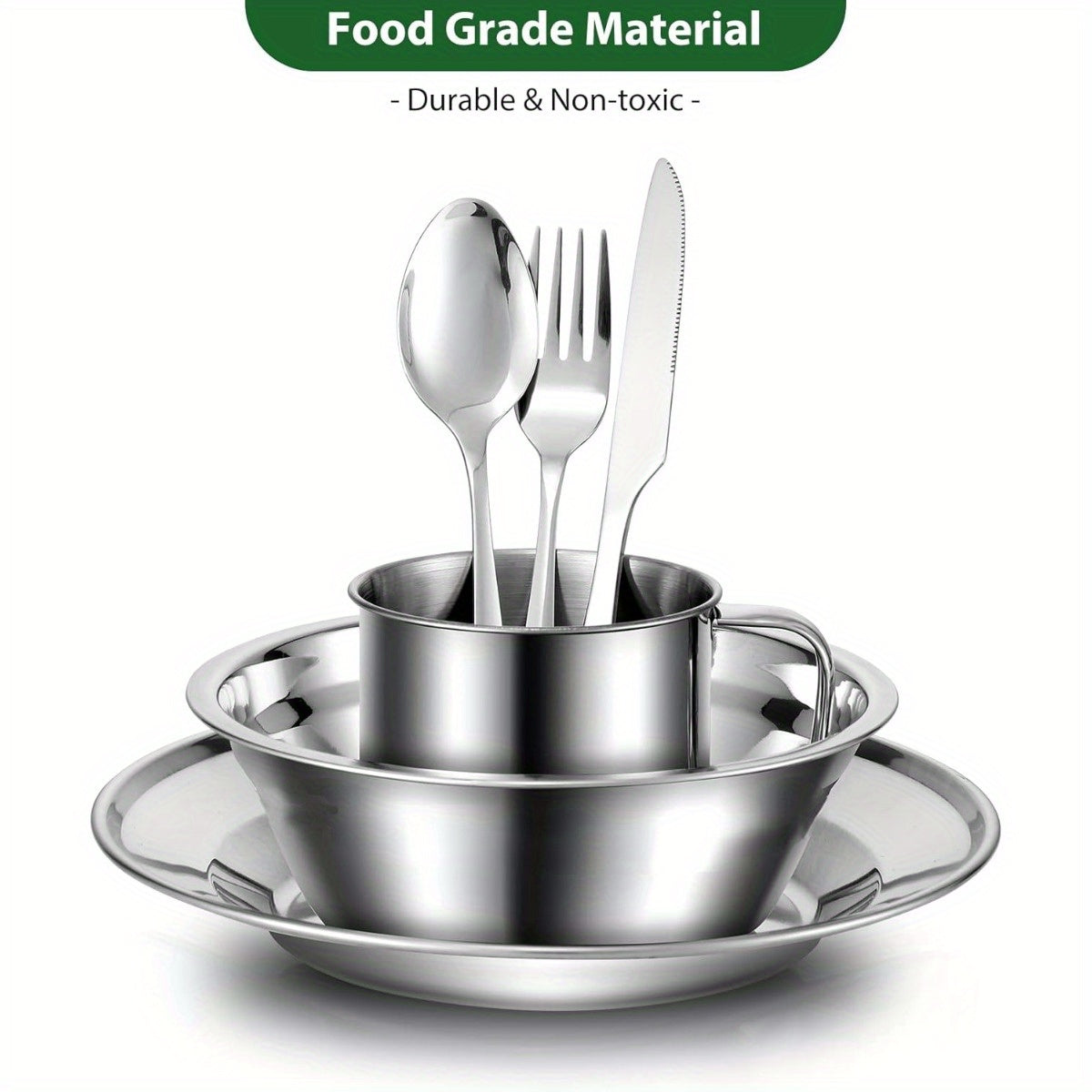 Stainless Steel Camping Mess Kit 29 Piece Dinnerware Set - Plates Bowls Mugs Cutlery