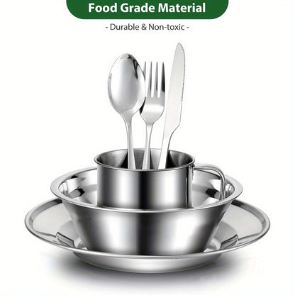 Stainless Steel Camping Mess Kit 29 Piece Dinnerware Set - Plates Bowls Mugs Cutlery