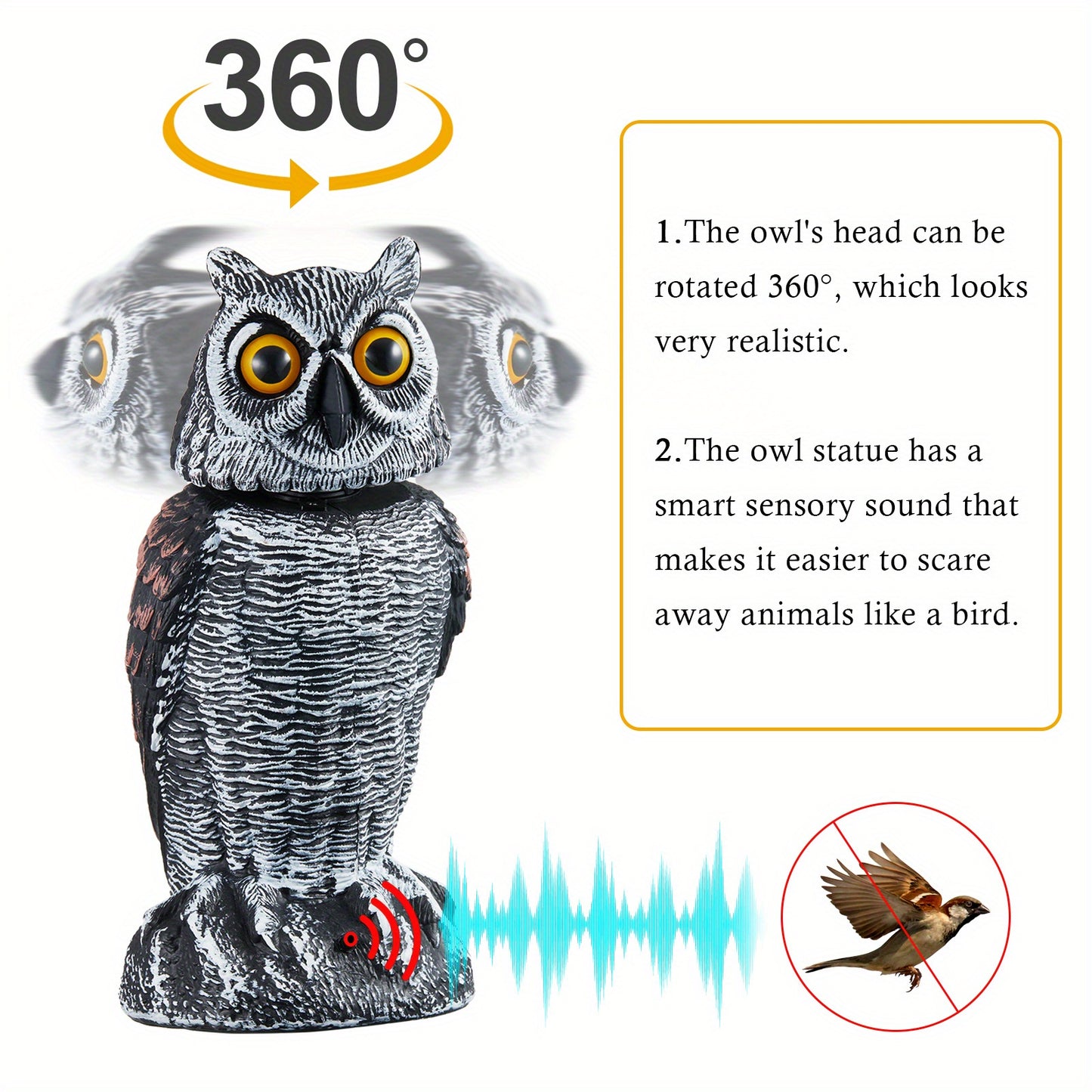 Rotating Head Fake Owl Decoy Bird Deterrent – Battery Powered Plastic Scarecrow Repellent for Garden Yard Patio