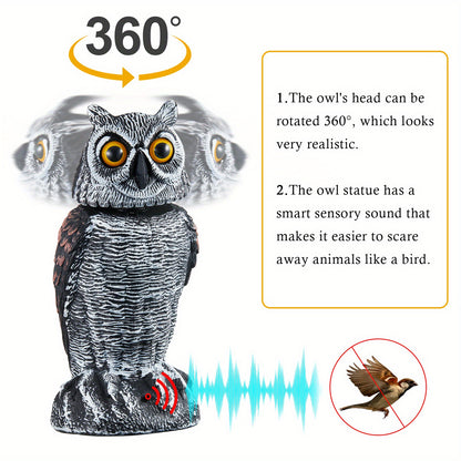 Rotating Head Fake Owl Decoy Bird Deterrent – Battery Powered Plastic Scarecrow Repellent for Garden Yard Patio