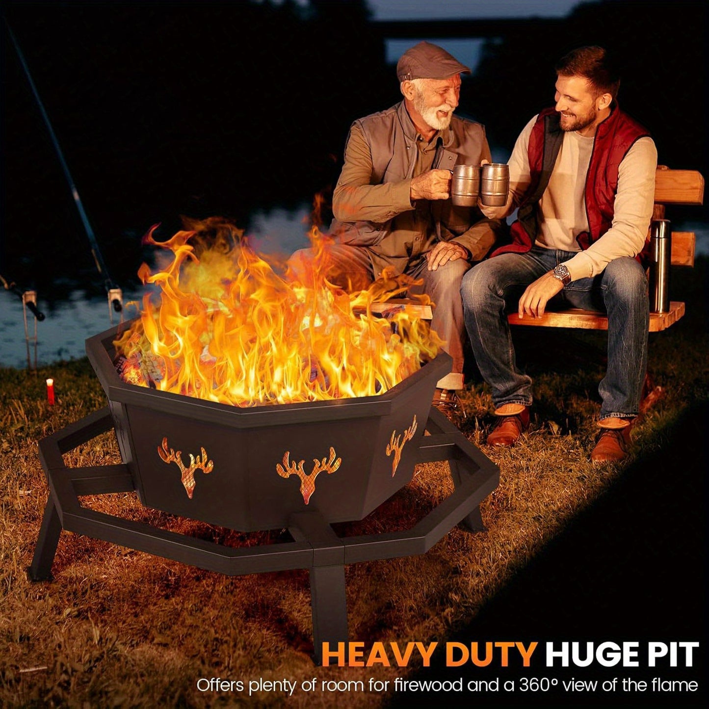 Outdoor Fire Pit 35 Inch Octagonal Wood Burning Fire Pit with Spark Screen, Poker & Grate for Backyard Patio Camping Bonfire