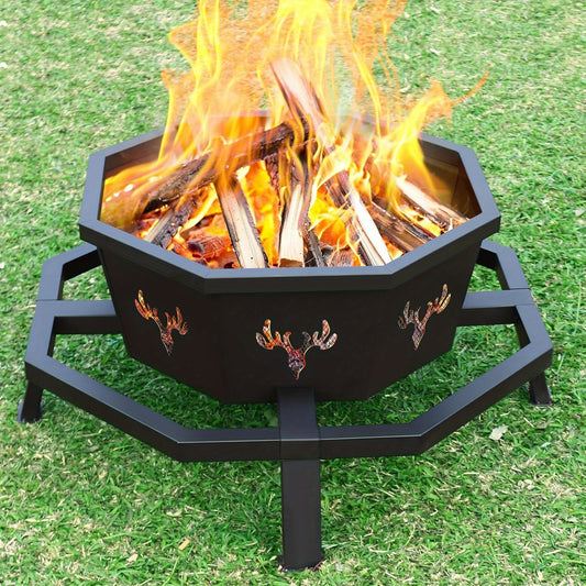 Outdoor Fire Pit 35 Inch Octagonal Wood Burning Fire Pit with Spark Screen, Poker & Grate for Backyard Patio Camping Bonfire