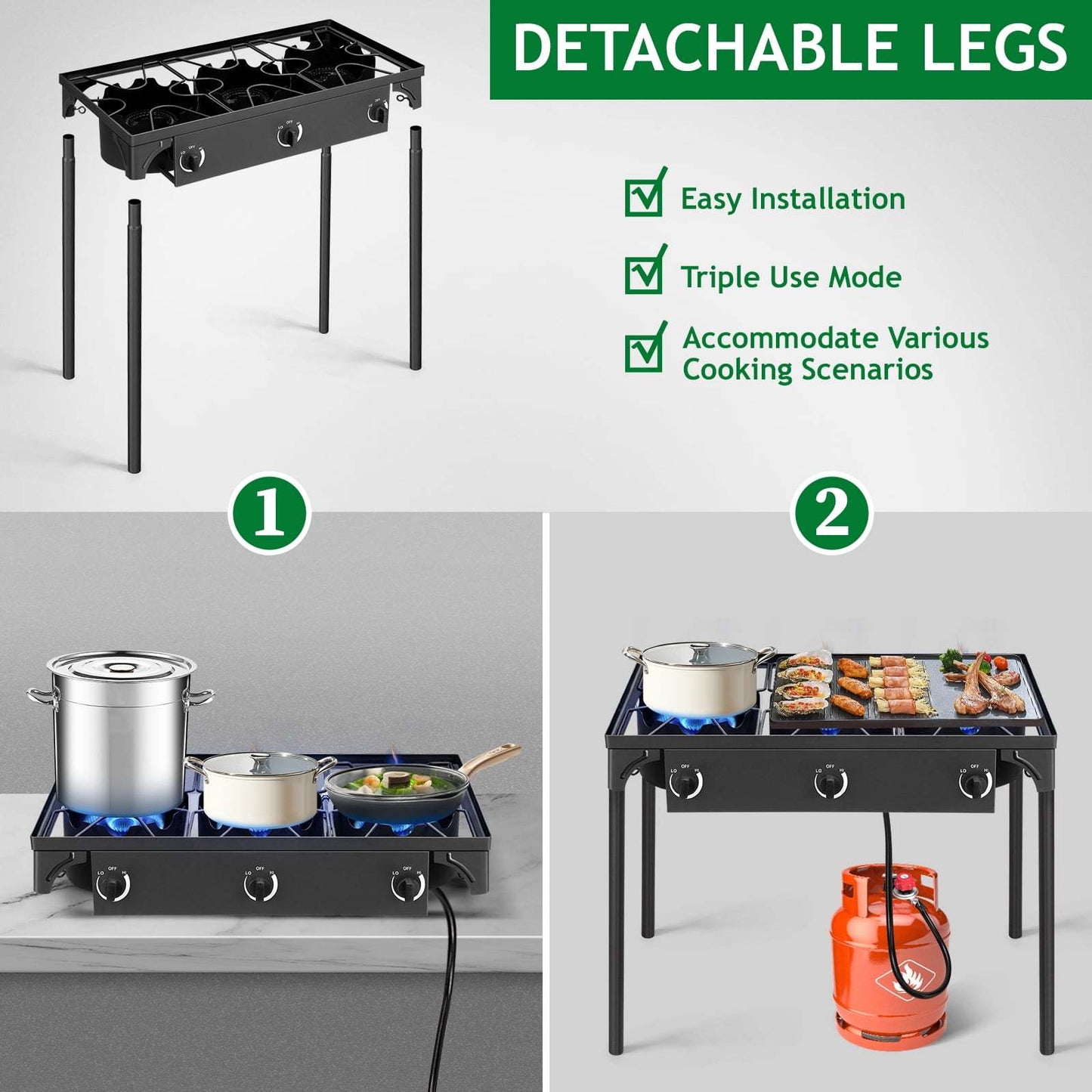Outdoor Propane Burner Stove Cast Iron 1 or 3 Burner, 225000 BTU High-Pressure Cooker with Adjustable Heat, Removable Legs, for Camping Tailgating Frying Brewing Wok Cooking