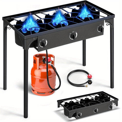 Outdoor Propane Burner Stove Cast Iron 1 or 3 Burner, 225000 BTU High-Pressure Cooker with Adjustable Heat, Removable Legs, for Camping Tailgating Frying Brewing Wok Cooking