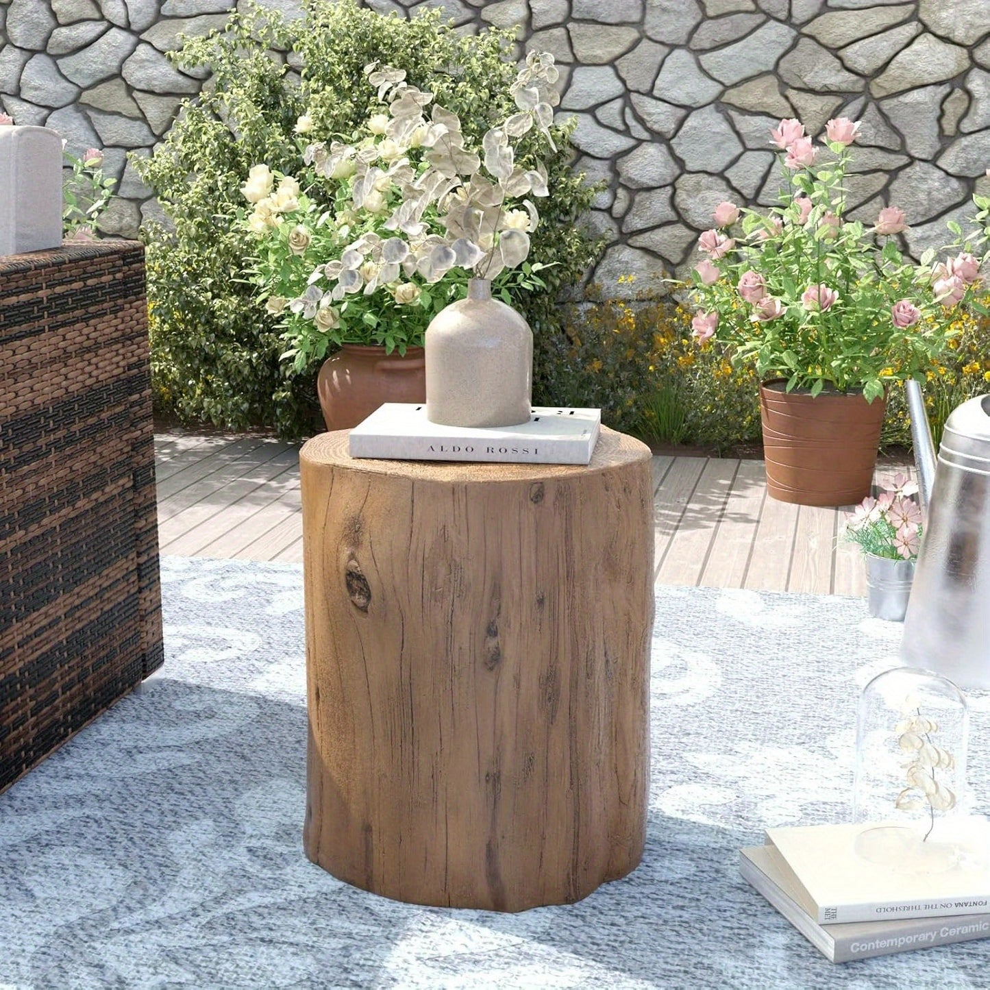 Tree Stump Side Table Outdoor Indoor | 220 Lbs Capacity Faux Wood Accent Table, All-Weather Magnesia, Plant Stand, Patio Stool & End Table for Porch Balcony Garden Living Room