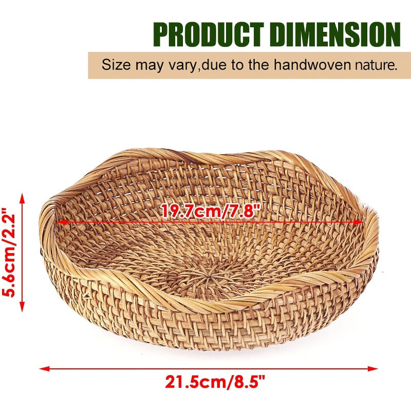 Rattan Tray Bowl - 8.5 Inch Hand Woven Natural Wicker Basket Tray for Fruit, Bread, Keys, Tabletop Decor, Kitchen, Entryway & Living Room