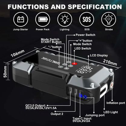 Portable Jump Starter Kit 4000A Peak 6-in-1 Battery Booster with Tire Inflator Power Bank Lithium Battery for 12V Car Truck SUV Emergency Roadside Kit