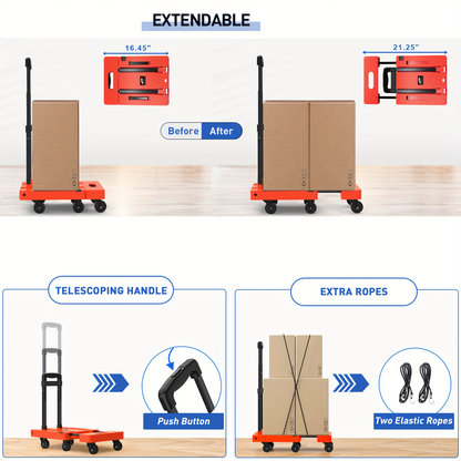 Folding Hand Truck Dolly 500LB Heavy Duty, Collapsible Luggage Cart with 6 Wheels & 2 Elastic Straps for Moving, Travel, Shopping, Office & Warehouse