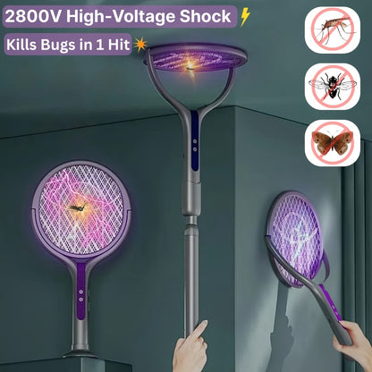 2-in-1 Mosquito Trap Lamp & Retractable Electric Fly Swatter Racket – USB Rechargeable Base, Extendable Handle Bug Zapper for Home & Bedroom Pest Control
