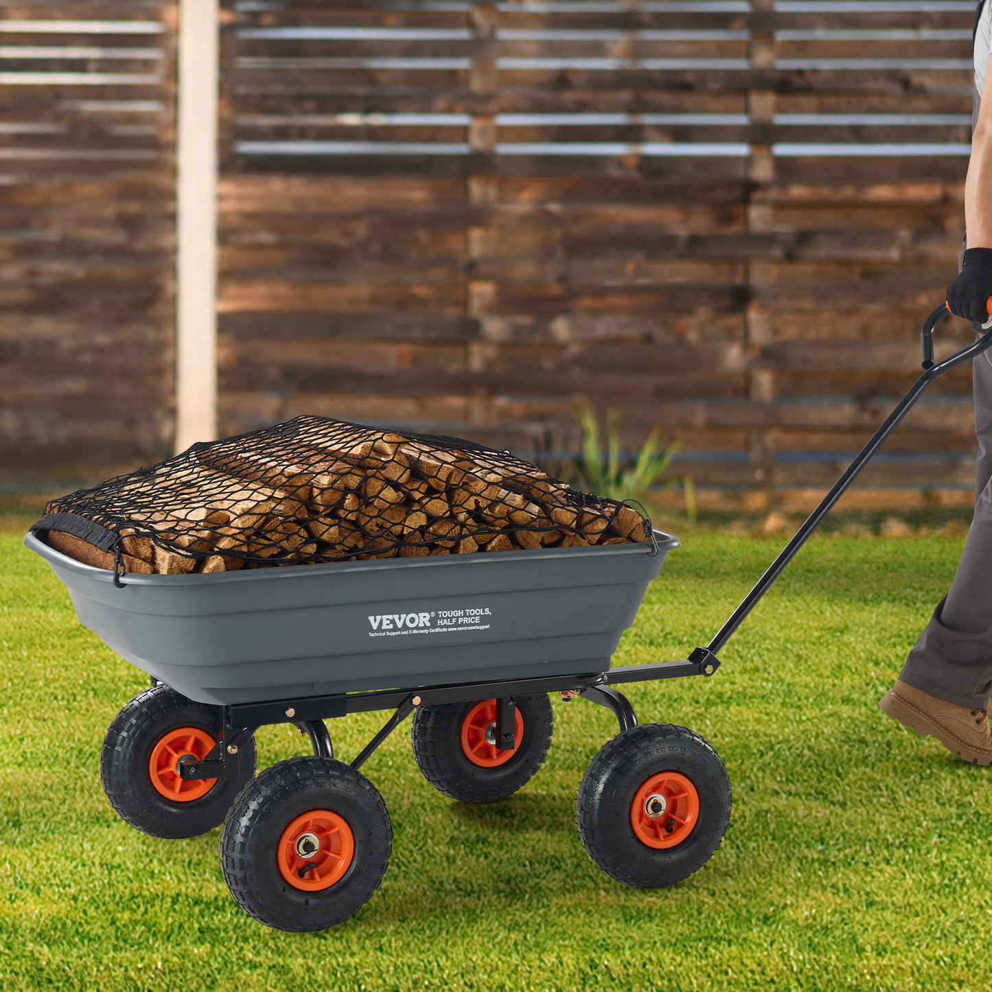 Garden Dump Cart 880LBS Convertible Flatbed Utility Wheelbarrow with 2-in-1 Handle, Removable Side Panels, Mesh Cover & 10" Rubber Tires – 400/600/880 LBS