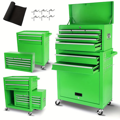 Rolling Tool Chest 8-Drawer Alloy Steel 2-in-1 Mobile Workbench Detachable Top Lockable Wheels Garage Storage Cabinet Tool Organizer for Workshop Home