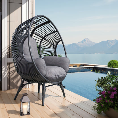 Egg Chair Outdoor Wicker Oversized Hanging Basket Chair with Stand & Cushion 500LBS Capacity UV-Resistant Rattan Style Patio Lounge Chair for Garden Backyard Balcony Porch Beige Black