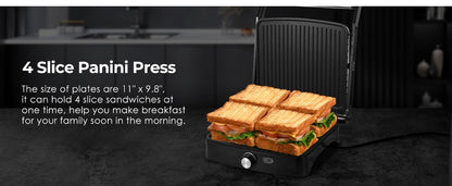 Panini Press Grill Indoor Sandwich Maker 4 Slice – Non-Stick 1200W Electric Grill with Temperature Control, 180° Opening, Removable Drip Tray | Countertop Steak & BBQ Grill