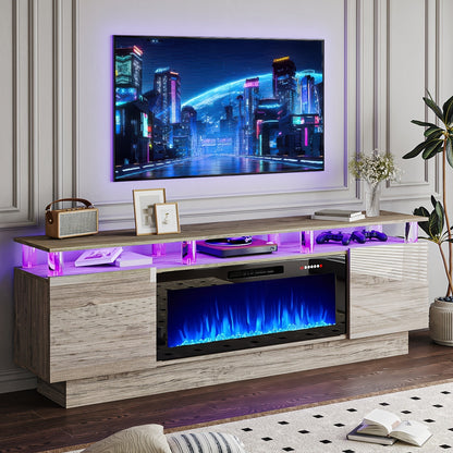 Fireplace TV Stand 70 Inch with 36" Electric Fireplace 2-Tier High Gloss Wood Entertainment Center LED Lights Cabinet Media Console Living Room