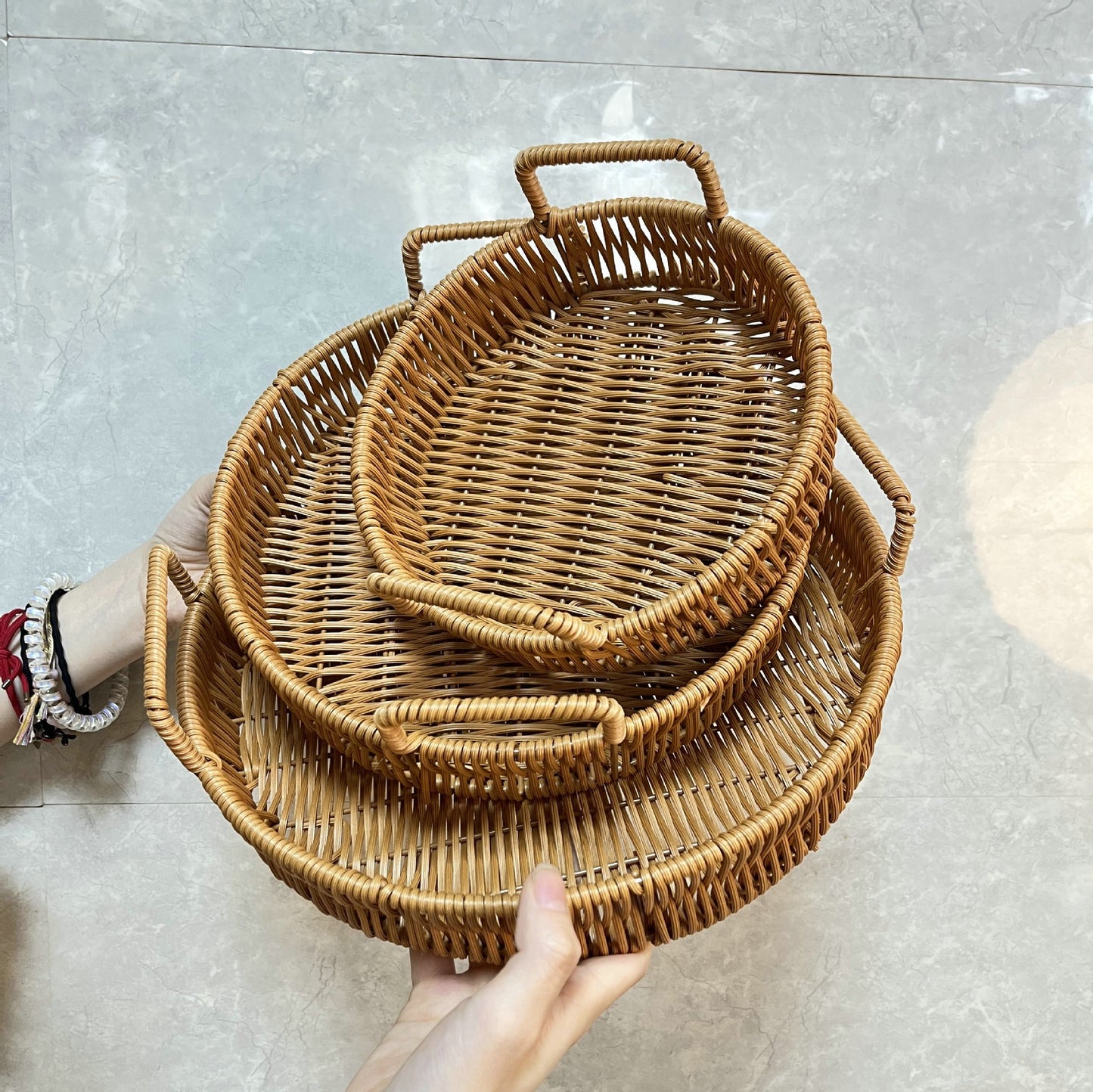 Woven Rattan Bread Basket Set of 3 Round Fruit Basket with Handles for Bread Fruit Vegetables Dim Sum Dining Table Catering Display Decor