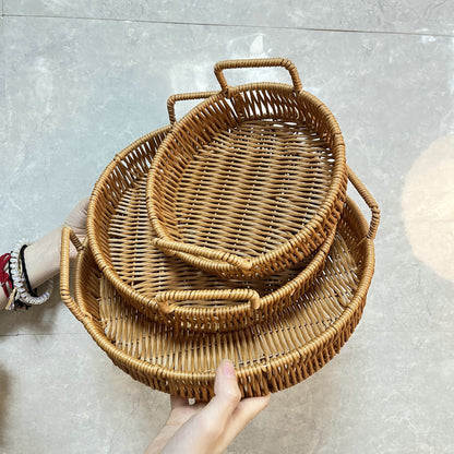 Woven Rattan Bread Basket Set of 3 Round Fruit Basket with Handles for Bread Fruit Vegetables Dim Sum Dining Table Catering Display Decor