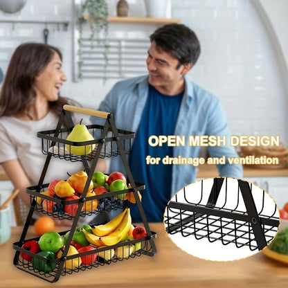 Tiered Fruit Basket with Removable Wooden Handles – 2 or 3 Tier Metal Kitchen Counter Organizer for Produce, Bread & Snacks