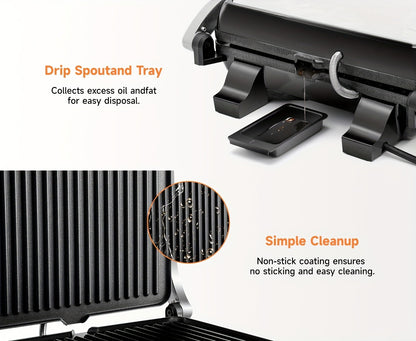 Sandwich Maker 3-in-1 Mini Indoor Grill & Panini Press – Non-Stick 180° Opening, Floating Hinge, 60-Min Timer, Temp Control & Grease Tray | Compact Electric Grill for Home & Dorm