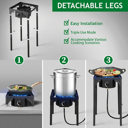Propane Camp Stove 225000 BTU High-Pressure Burner Portable Outdoor Cooking Stove Detachable Legs Stainless Steel 1/2/3 Burner