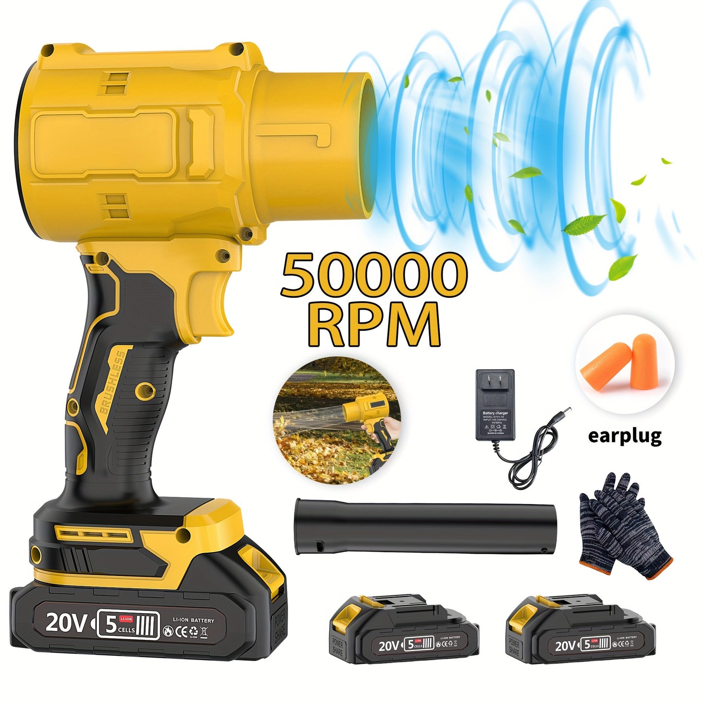 Battery Leaf Blower 20V 50000RPM Turbo Cordless, Dual Battery & 2 Nozzles Included, Handheld Blower for Car Drying, Leaves, Snow & Dust — Home & Outdoor