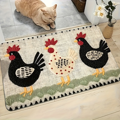 Rooster Embroidered Door Mat Indoor Outdoor Non-Woven Washable Rug for Entryway Bathroom Kitchen Porch Plaid Stripe Pattern